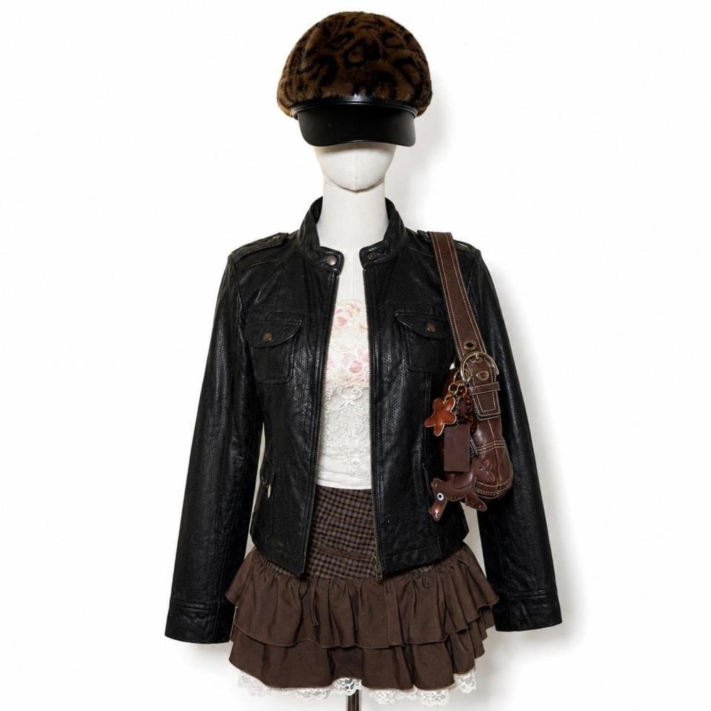 Vintage Y2K genuine leather perforated jacket  super cute fitted silhouette
